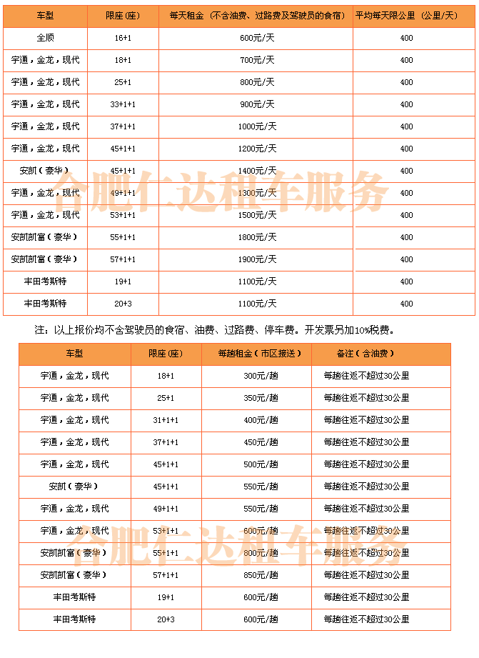 合肥仁達(dá)汽車(chē)服務(wù)有限公司旅游大巴價(jià)格表